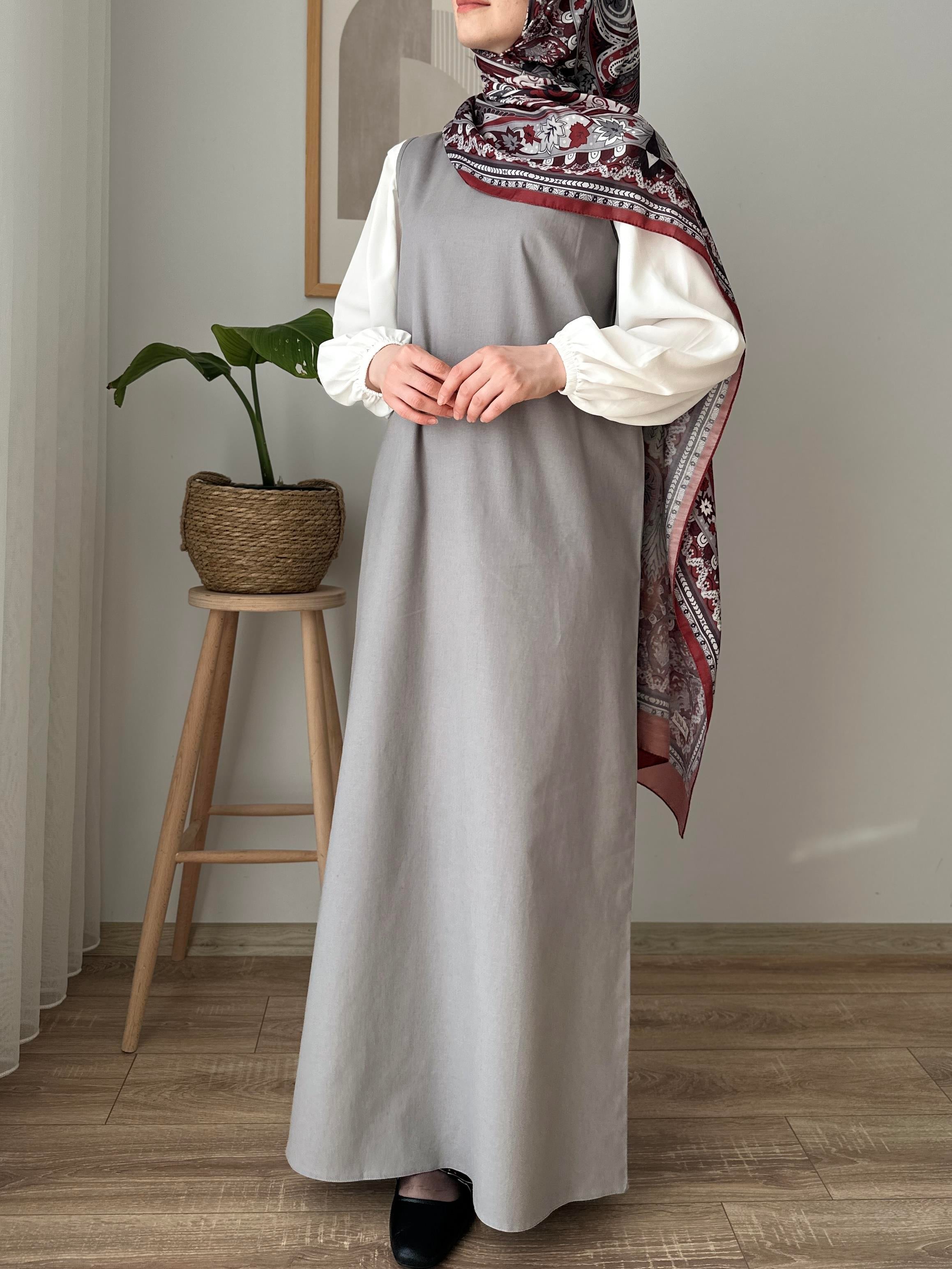 Pamuk Keten Kolsuz Elbise GRİ