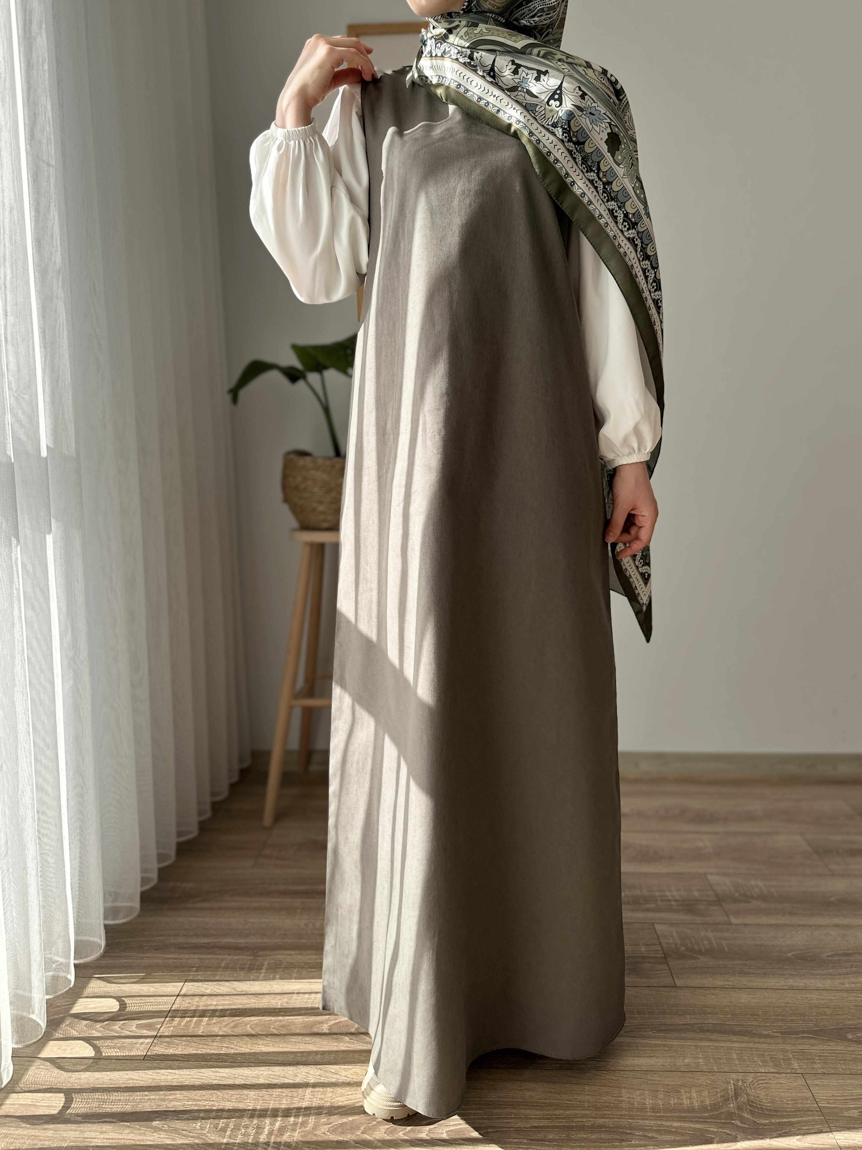 Pamuk Keten Kolsuz Elbise HAKİ YEŞİL