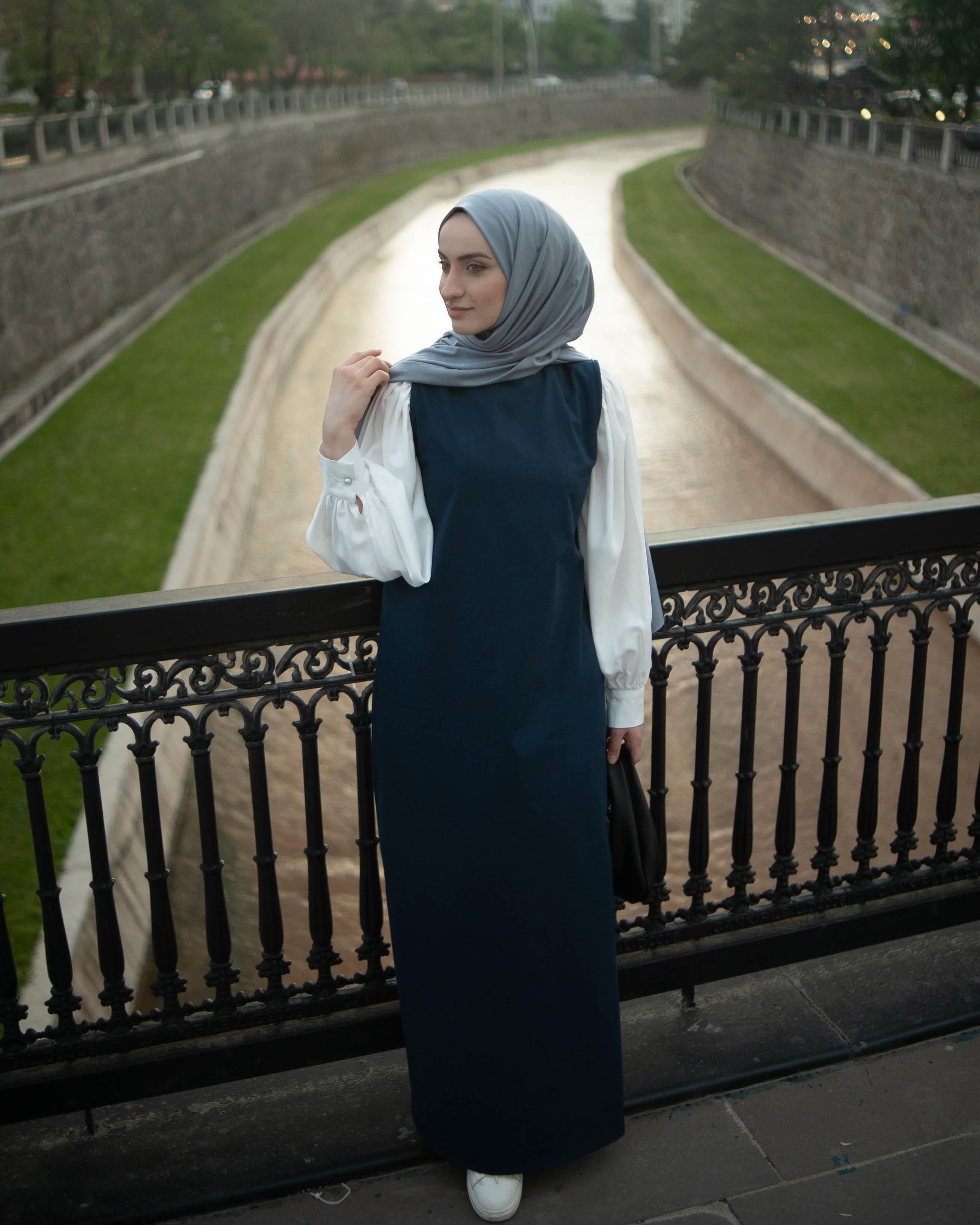 Pamuk Keten Kolsuz Elbise LACİVERT