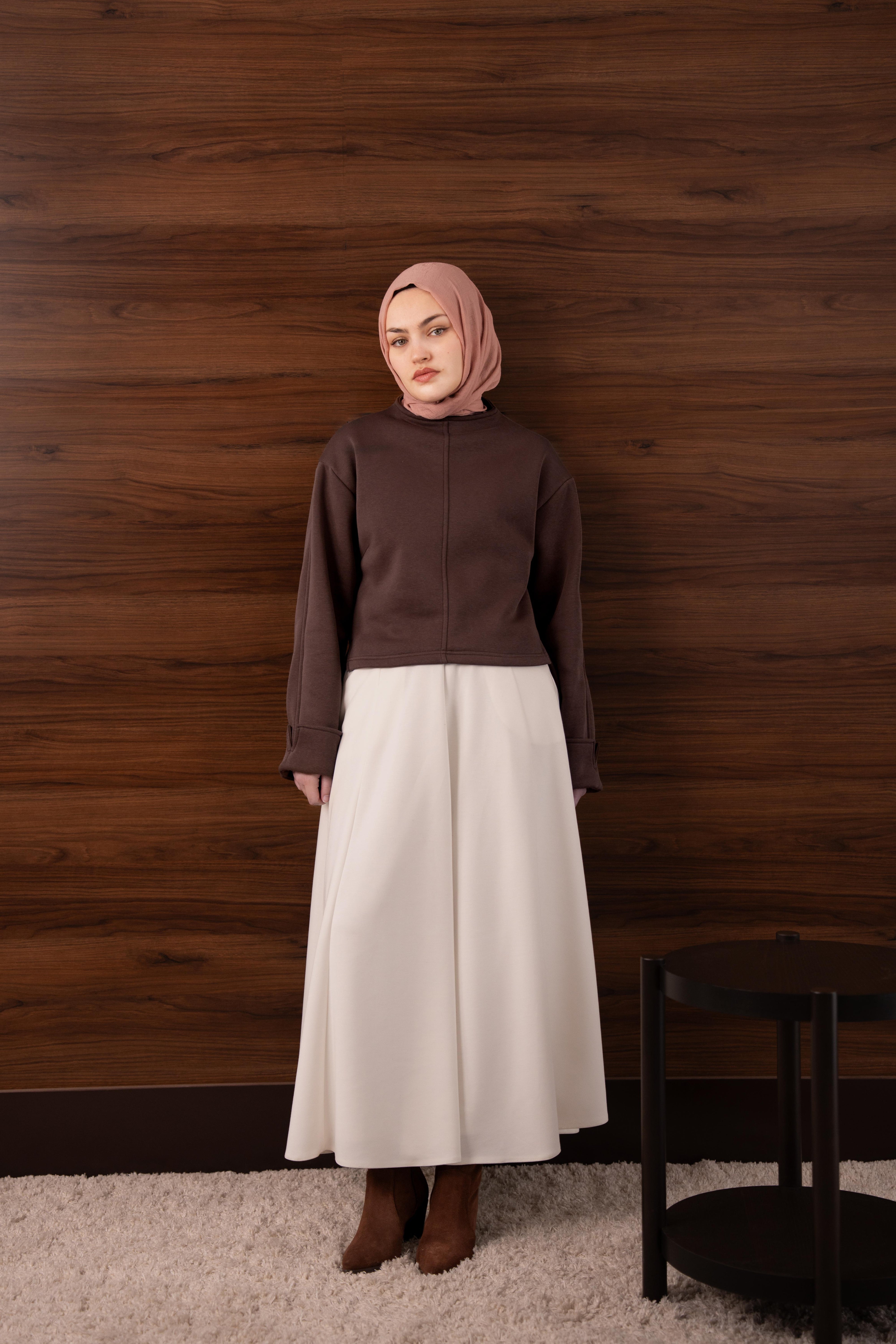 Manşetli Yırtmaç Detaylı Sweatshirt KAHVERENGİ