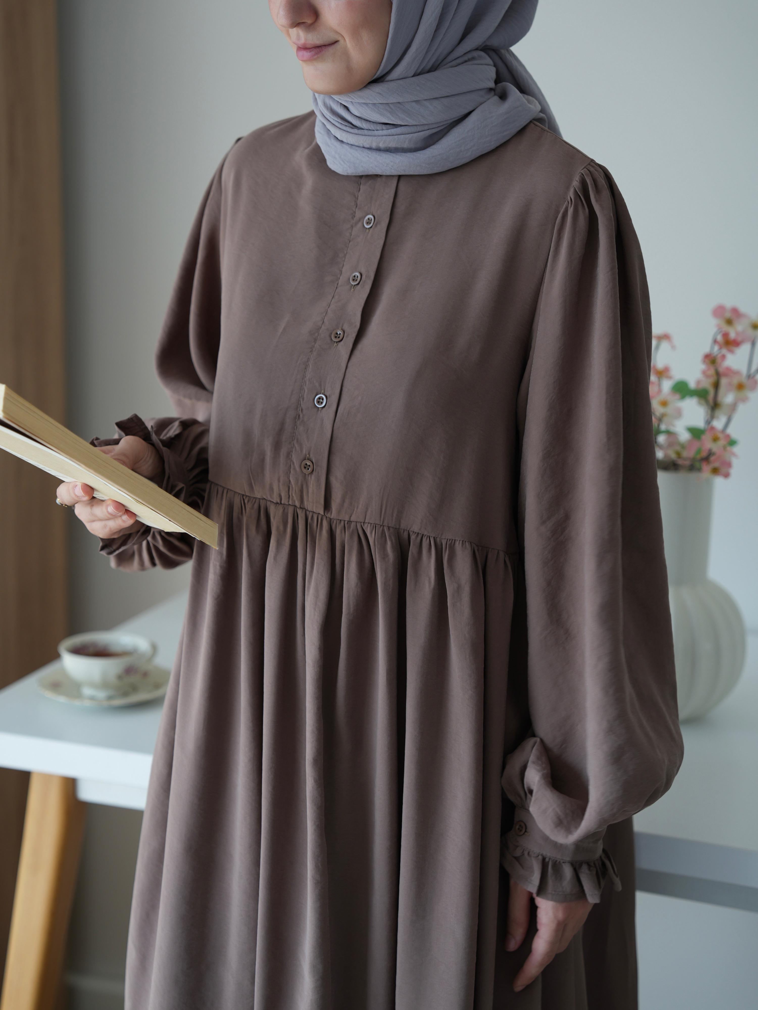 Modal Büzgülü Elbise Vizon