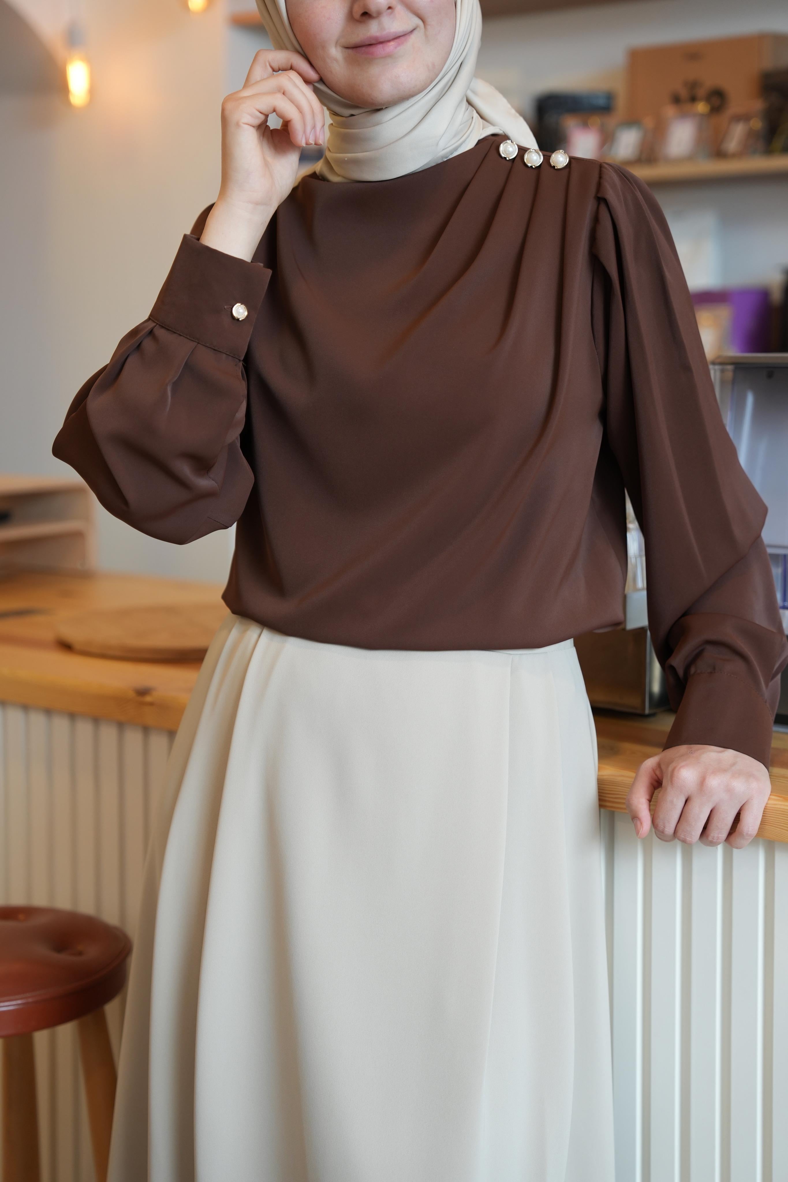 Omuz Düğmeli Gömlek Kahverengi