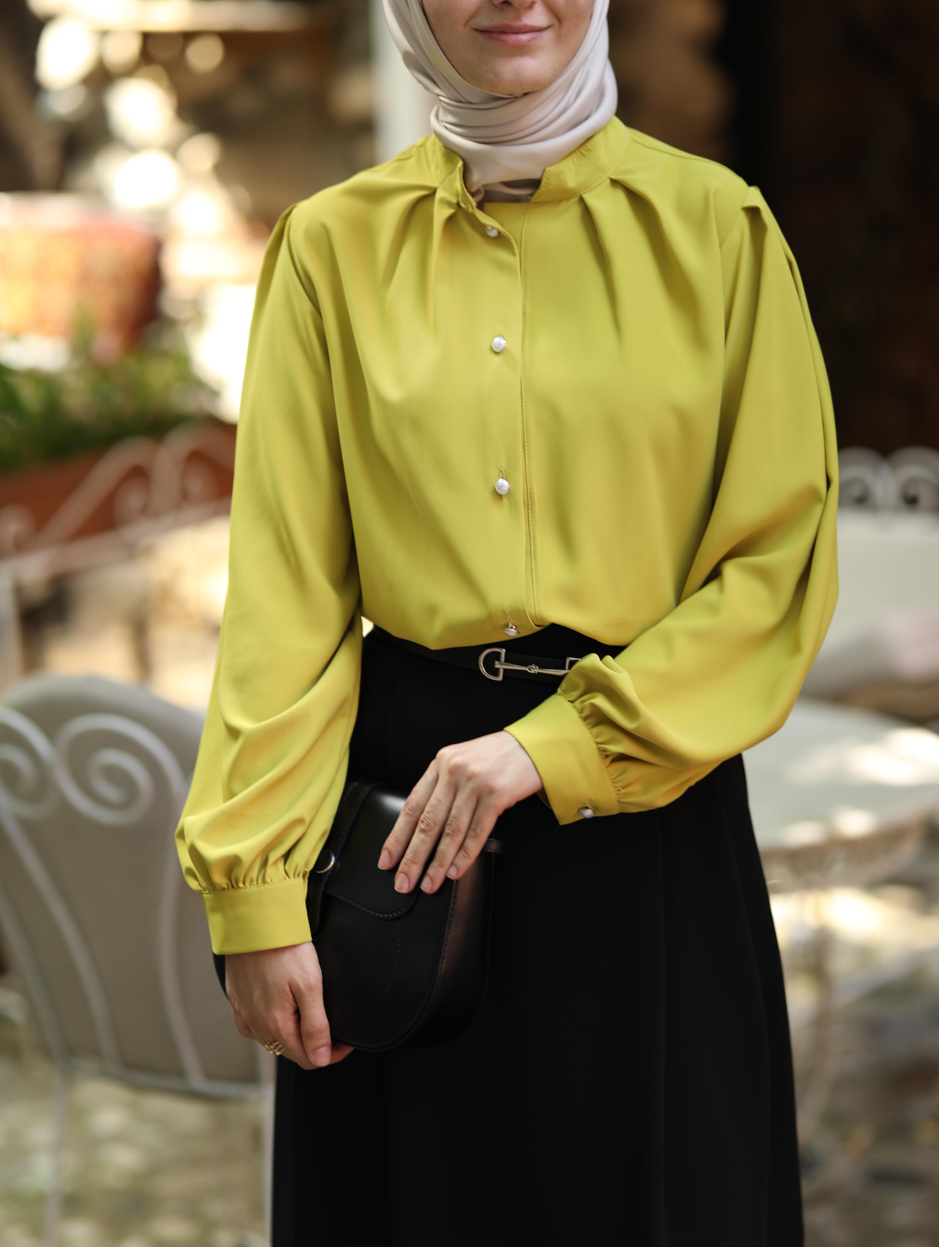 Pile Detaylı Gömlek YAĞ YEŞİLİ