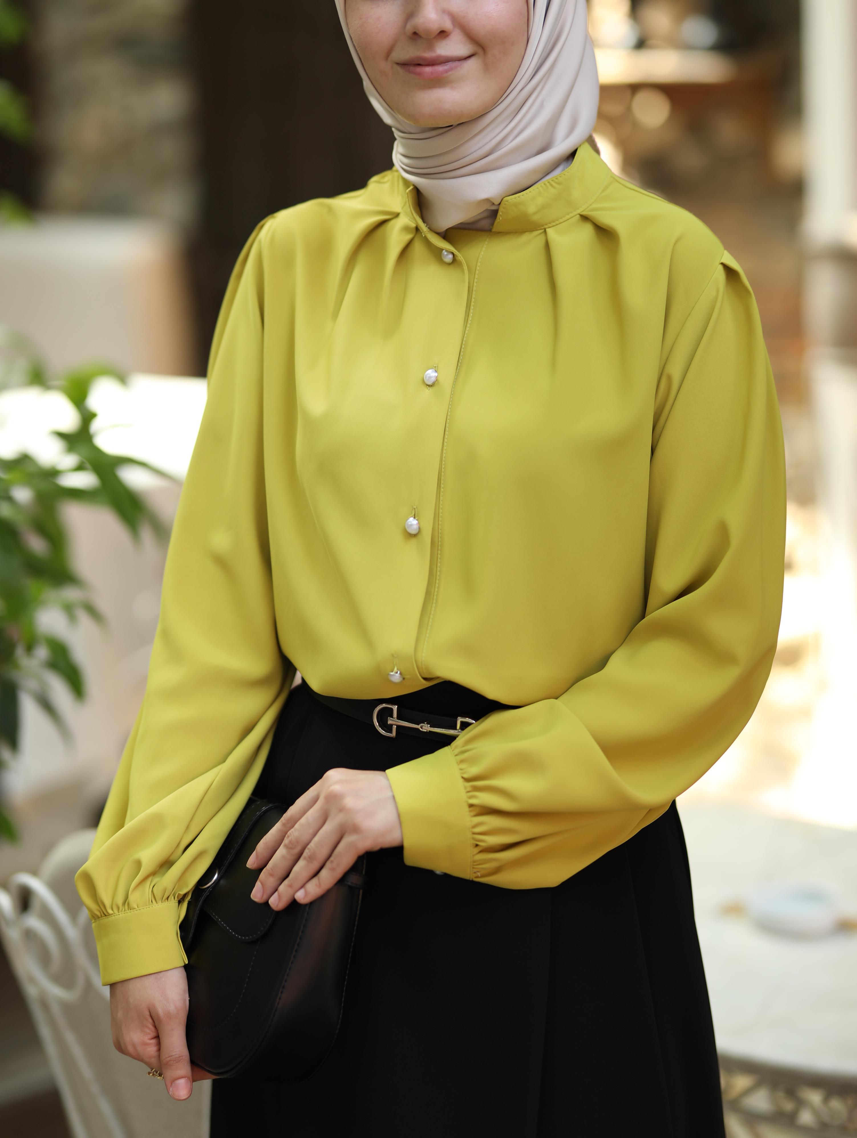 Pile Detaylı Gömlek YAĞ YEŞİLİ