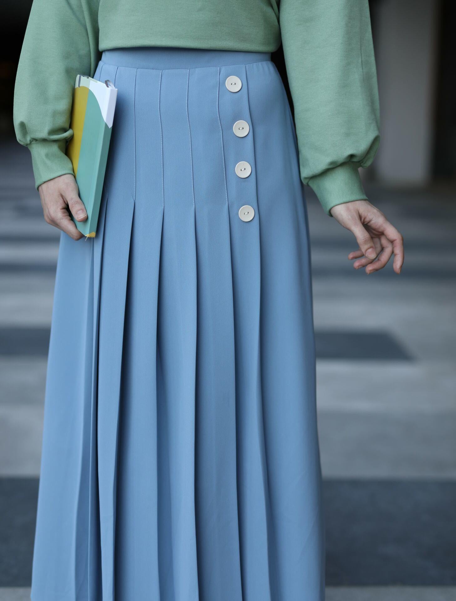 Pileli Yan Düğmeli Etek Mavi