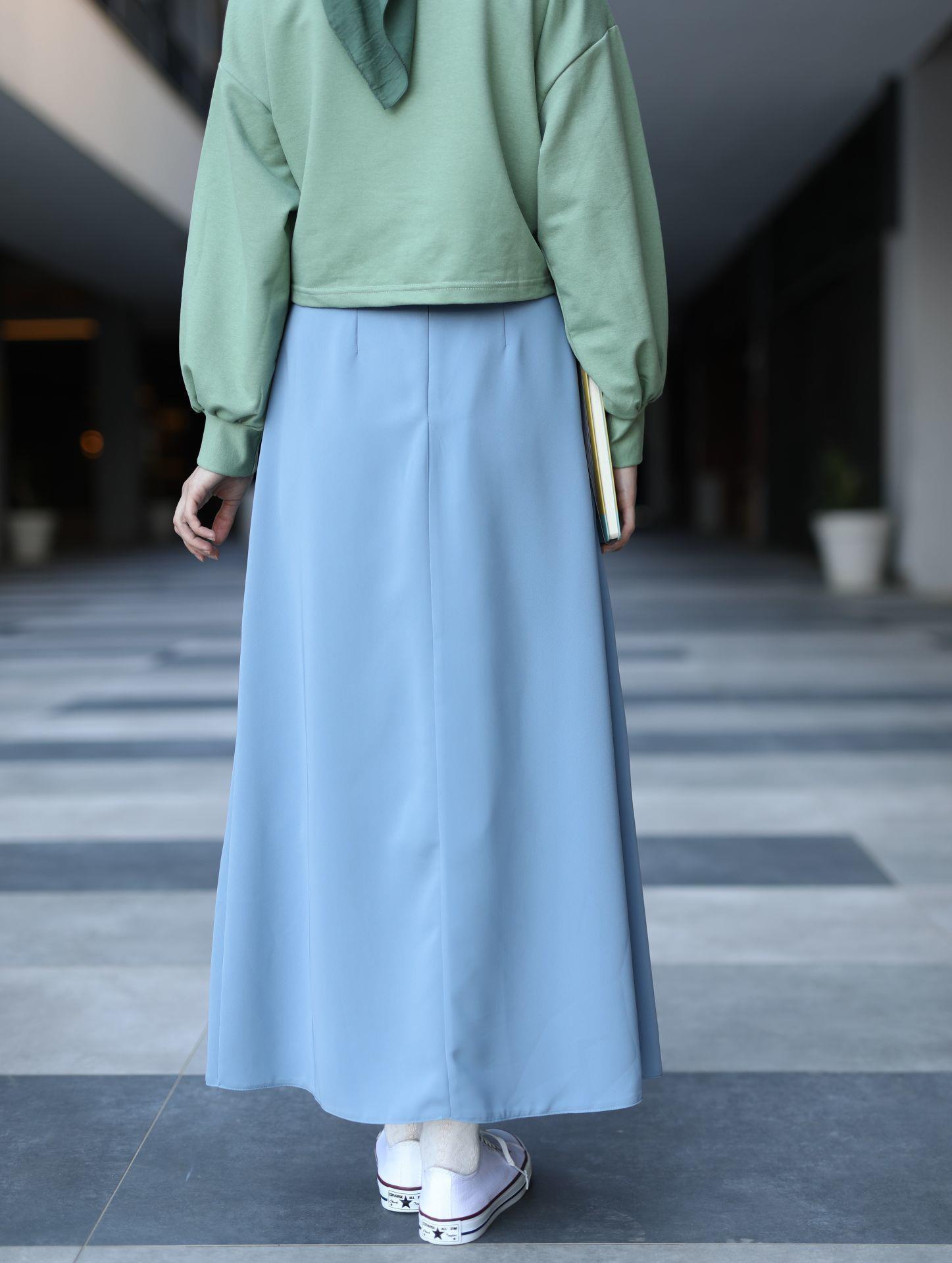 Pileli Yan Düğmeli Etek Mavi