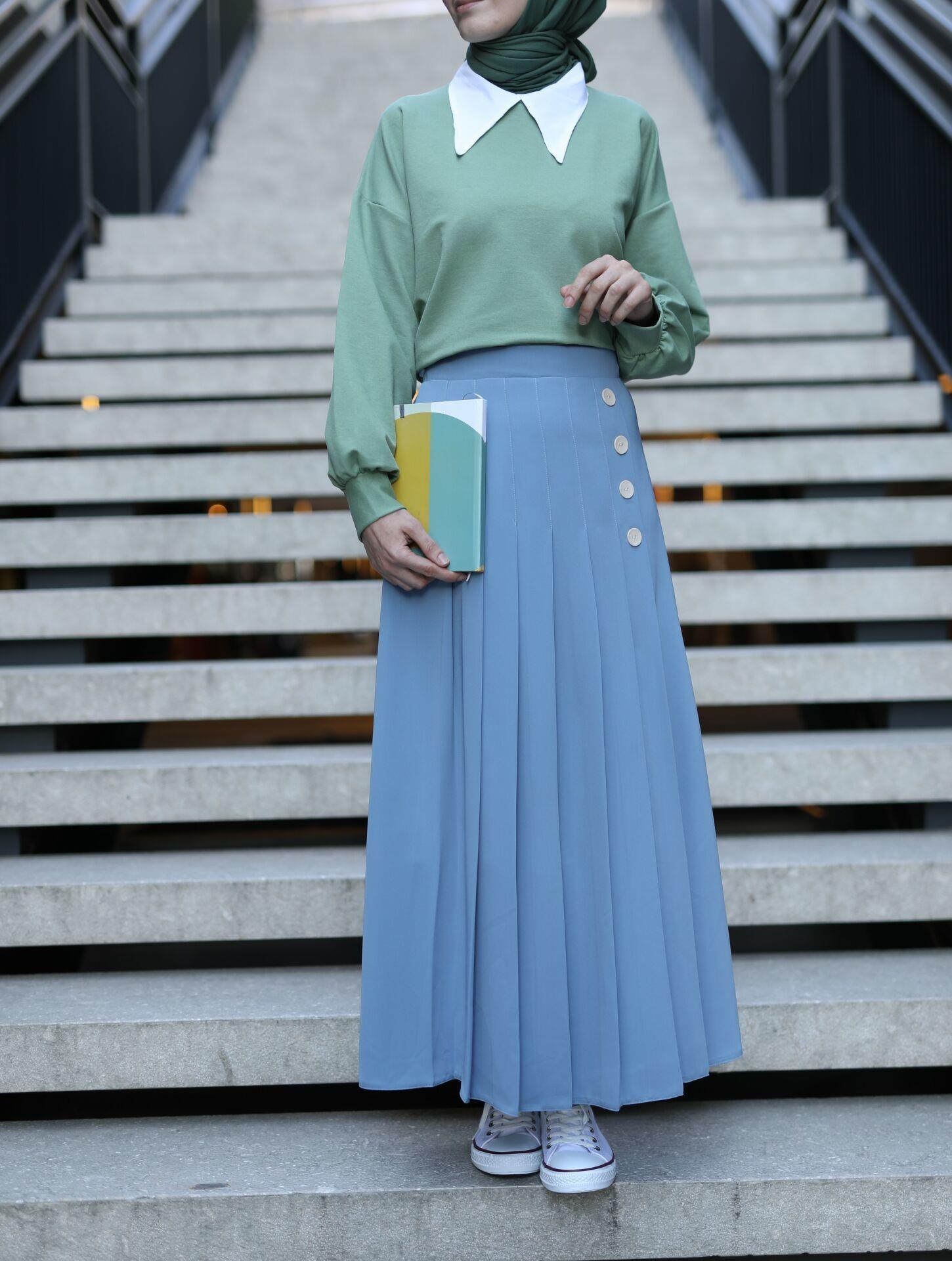 Pileli Yan Düğmeli Etek Mavi