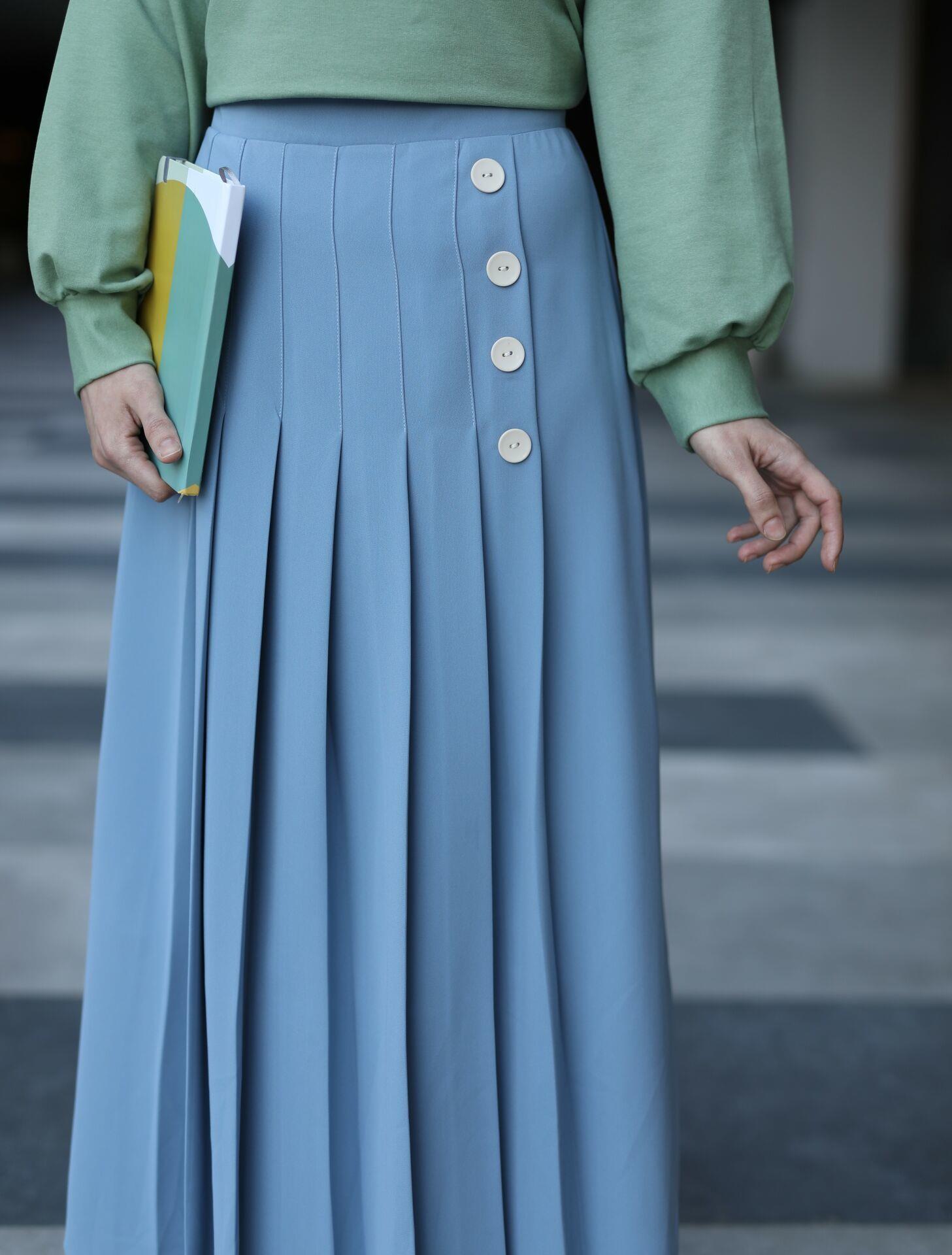 Pileli Yan Düğmeli Etek Mavi