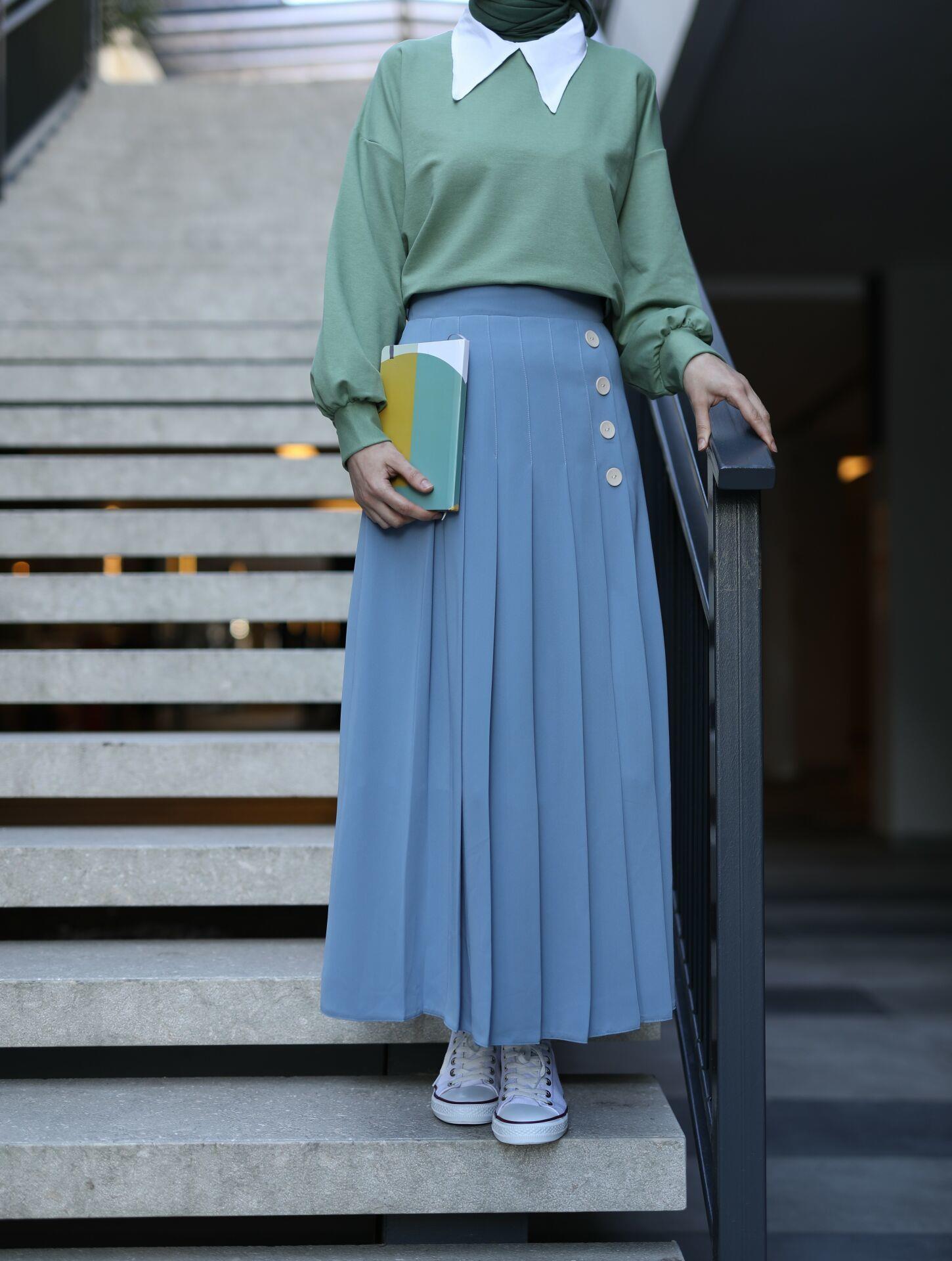 Pileli Yan Düğmeli Etek MAVİ