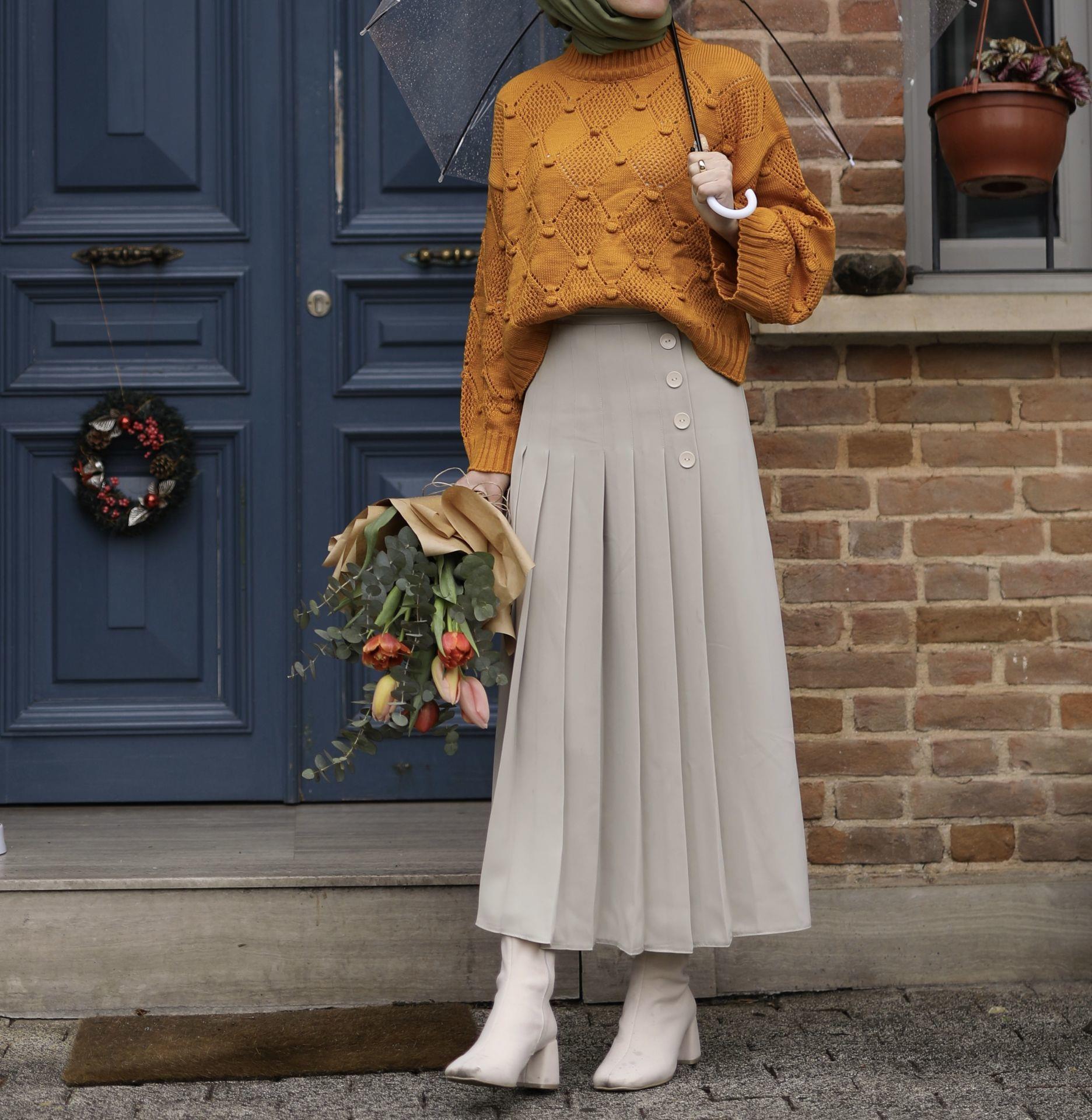 Pileli Yan Düğmeli Etek TAŞ