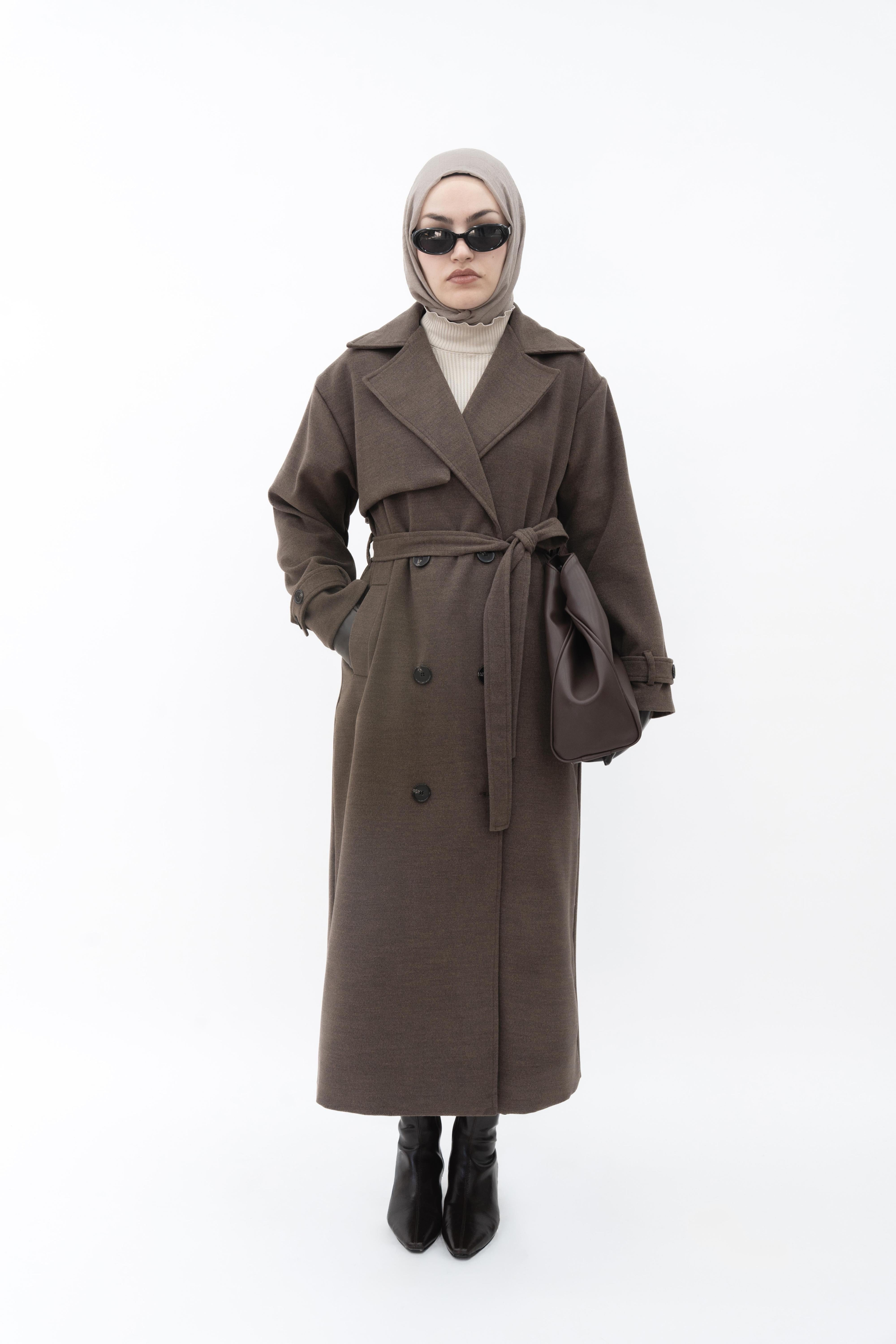 Premium Kaşe Trenç Kaban Kahverengi