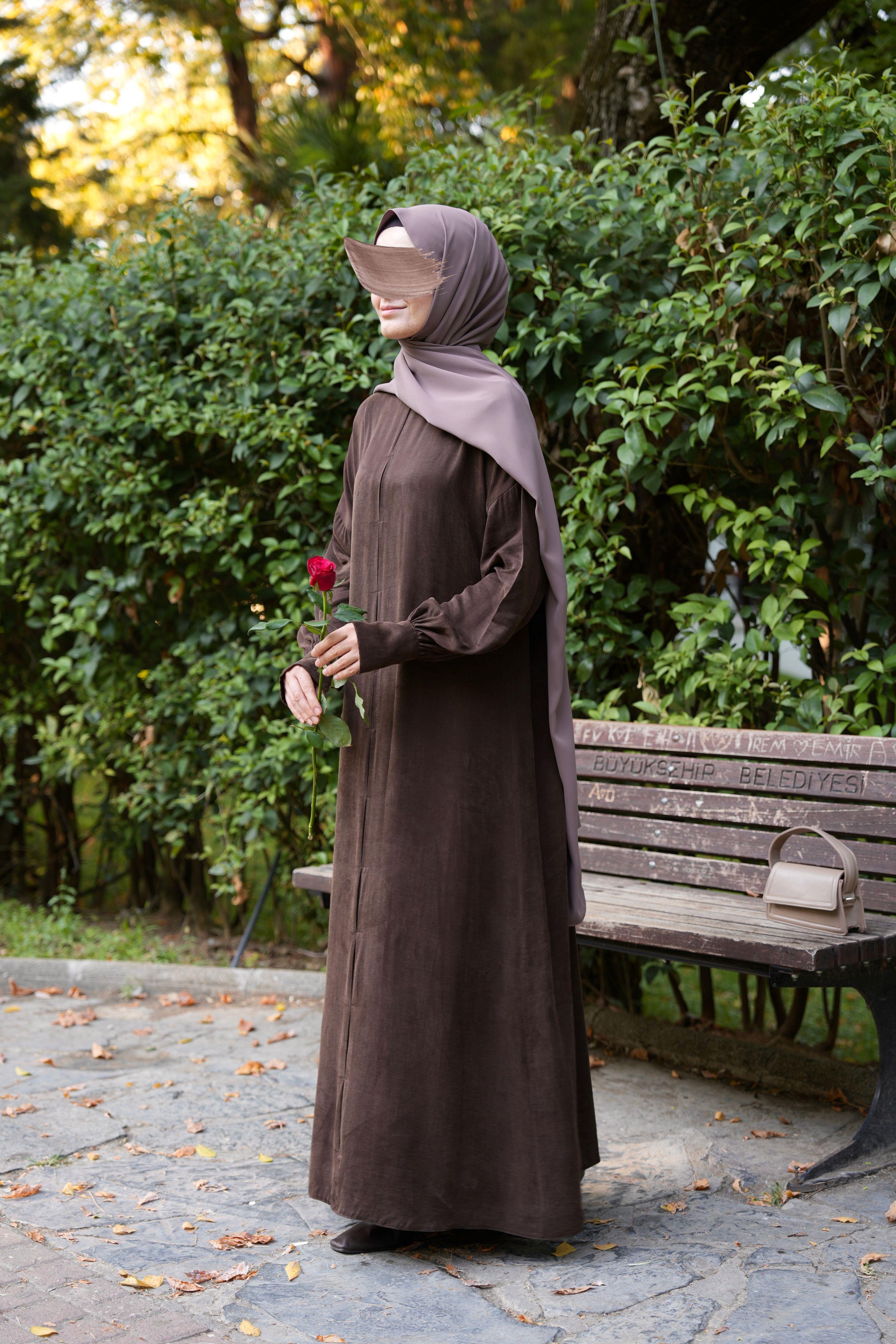 Robalı İpek Cupra Elbise KAHVERENGİ