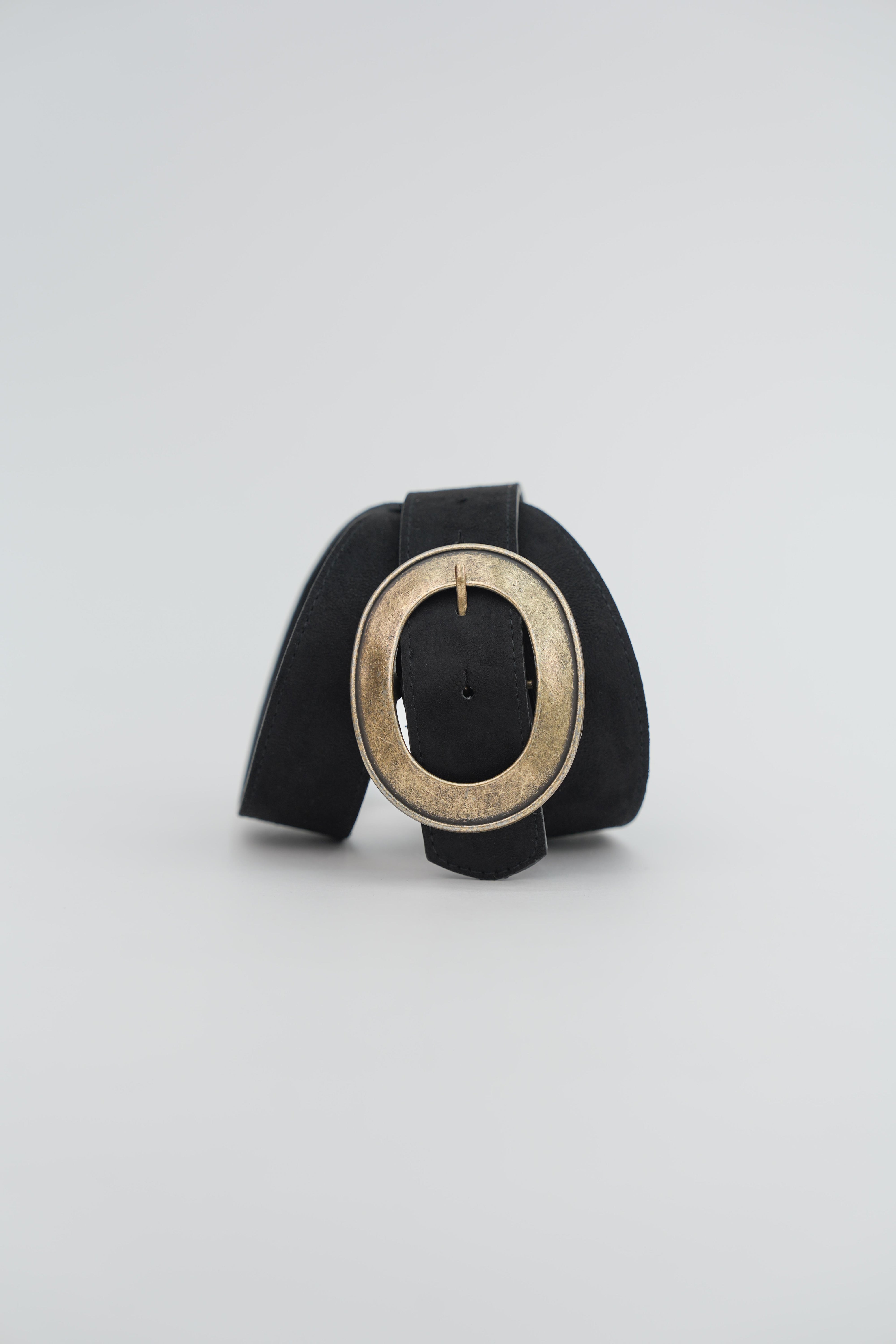 Süet Oval Antik Tokalı Kemer Siyah